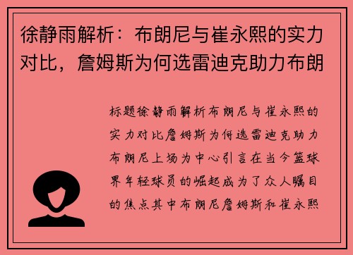 徐静雨解析：布朗尼与崔永熙的实力对比，詹姆斯为何选雷迪克助力布朗尼上场