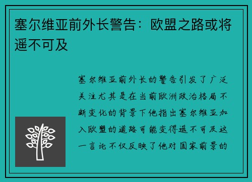 塞尔维亚前外长警告：欧盟之路或将遥不可及