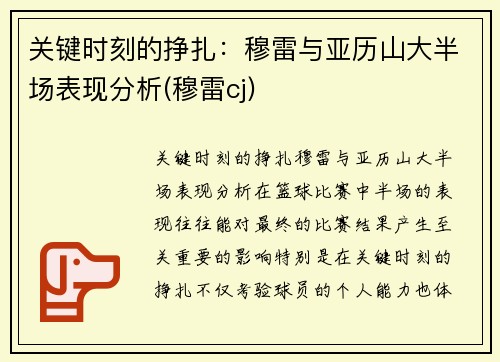 关键时刻的挣扎：穆雷与亚历山大半场表现分析(穆雷cj)