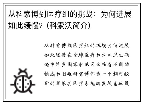 从科索博到医疗组的挑战：为何进展如此缓慢？(科索沃简介)