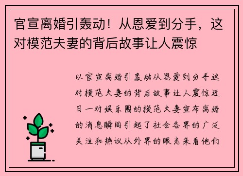 官宣离婚引轰动！从恩爱到分手，这对模范夫妻的背后故事让人震惊