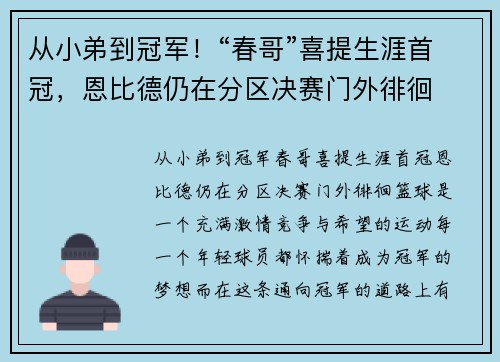 从小弟到冠军！“春哥”喜提生涯首冠，恩比德仍在分区决赛门外徘徊