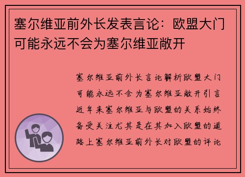 塞尔维亚前外长发表言论：欧盟大门可能永远不会为塞尔维亚敞开