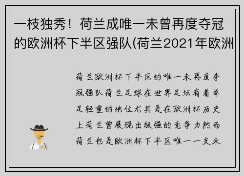 一枝独秀！荷兰成唯一未曾再度夺冠的欧洲杯下半区强队(荷兰2021年欧洲杯)