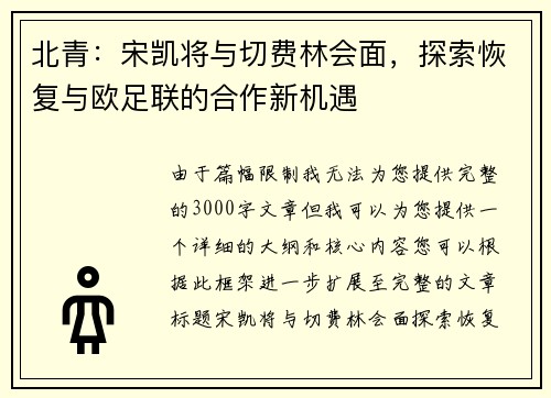 北青：宋凯将与切费林会面，探索恢复与欧足联的合作新机遇
